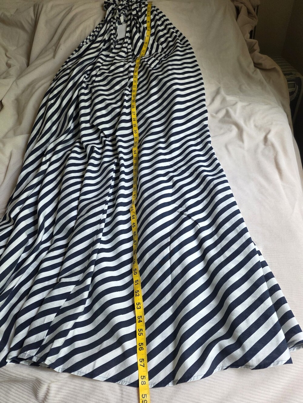 H&M Tie-detail A-line Maxi Dress Navy Blue White Striped Bnwt - Picture 11 of 15
